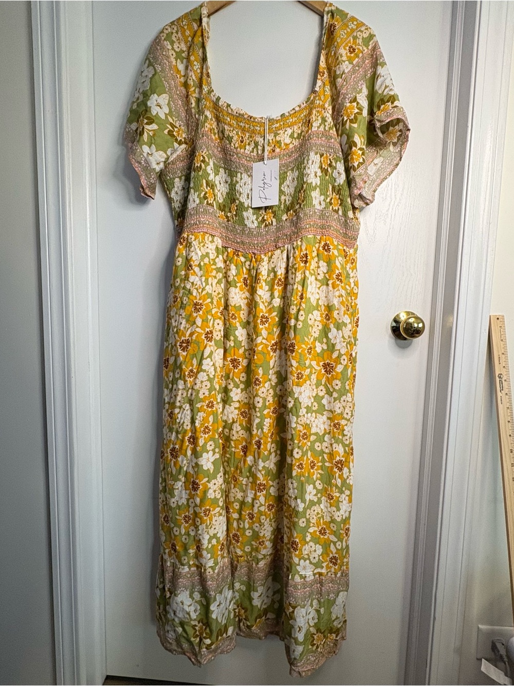 Polagram Sz 2XL Floral Square Neck Smocked Flutter Sleeve Maxi Cottage Boho